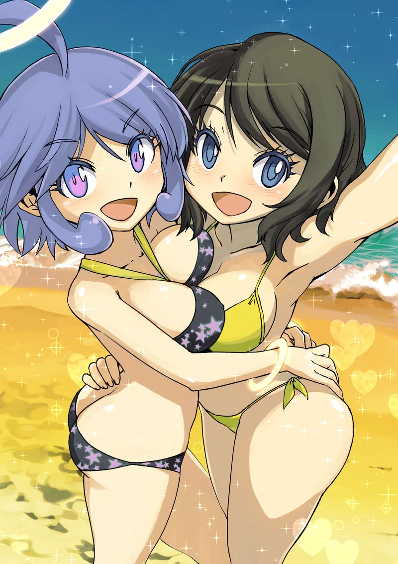 2girls ass ass_cleavage beach black_swimsuit blue_eyes blush breast_squeeze breasts brown_hair butt_crack cleavage clothing duo female female_only hands_on_hips hug looking_at_viewer muramasa_mikado murana_(muramasa_mikado) purple_hair selfie smile smiling smiling_at_viewer water yellow_bikini