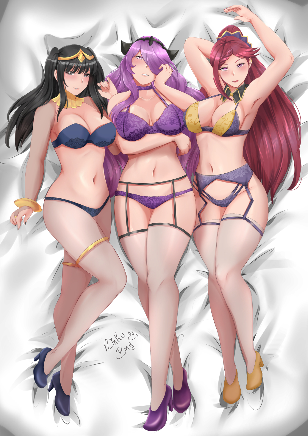 3girls, armpits, bangs, bedroom eyes, black eyes, black hair, blue panties, bodystocking, bra, breasts, camilla (fire emblem), collarbone, come hither, female, female only, fire emblem, fire emblem awakening, fire emblem fates, fire emblem heroes, garter belt, grin, hair over one eye, high heels, horns, large breasts, lingerie, loki (fire emblem), long hair, looking at viewer, multiple females, multiple girls, nintendo, on back, on bed, panties, pantyhose, ponytail, purple eyes, purple hair, purple panties, rinku bny, smile, take your pick, tharja (fire emblem), thighhighs, underwear, very long hair, violet hair
