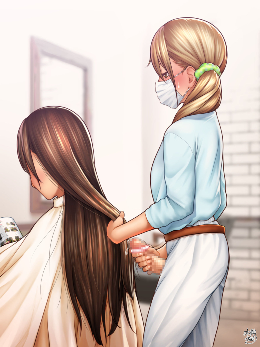 1futa 1girls barber_chair big_penis blonde_hair brown_hair censored clothed clothing daisy_mitsumata erection female fully_clothed futanari human light_skin long_hair mask masturbation mosaic_censoring mostly_clothed pale_skin penis penis_out standing stealth_masturbation tagme