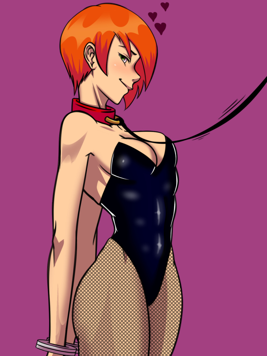 1girls, arms behind back, artist request, bangs, bare arms, bare legs, bdsm, ben 10, ben 10 (classic), cartoon network, collar, cowboy shot, female, female only, femsub, fishnet legwear, fishnet pantyhose, fishnets, future gwen, future gwen (ben 10,000), gwen tennyson, handcuffed, handcuffs, happy sub, heart, heart symbol, leash, milf, offscreen character, once (artist), orange hair, red collar, red hair, redhead, short hair, simple background, solo, solo female, standing, strapless leotard, toned, toned female, very short hair, wide hips