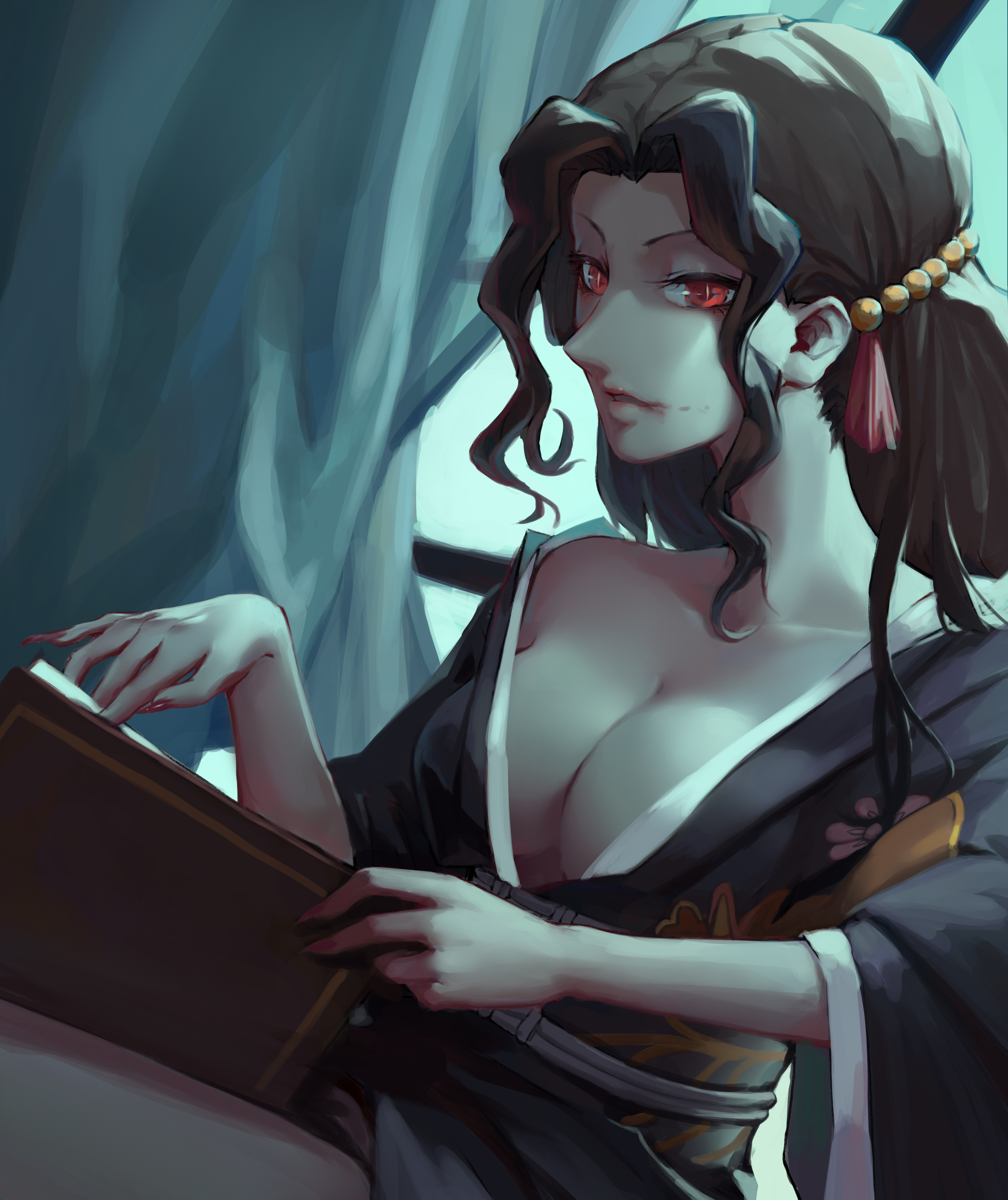 big breasts, black hair, blood, breasts, canon genderswap, cleavage, curly hair, demon, demon slayer, demoness, female, female muzan, female only, genderswap, genderswap (mtf), hair ornament, kimetsu no yaiba, kimono, looking at viewer, muzan kibutsuji, no bra, off shoulder, open kimono, pale skin, reading, red eyes, rule 63, sharp fingernails, slit pupils, solo