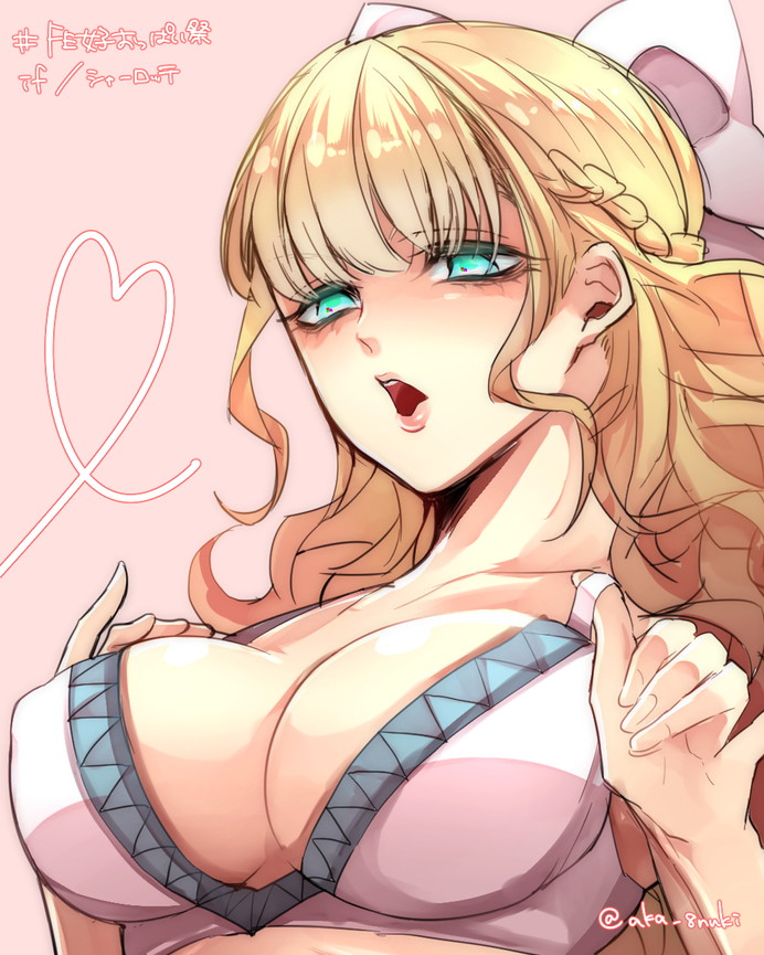 1girls, aka8nuki, bangs, blonde hair, blue eyes, bow, braid, breasts, charlotte (fire emblem), cleavage, female, fire emblem, fire emblem fates, green eyes, heart, large breasts, long hair, nintendo, open mouth, solo, undressing, upper body, wavy hair