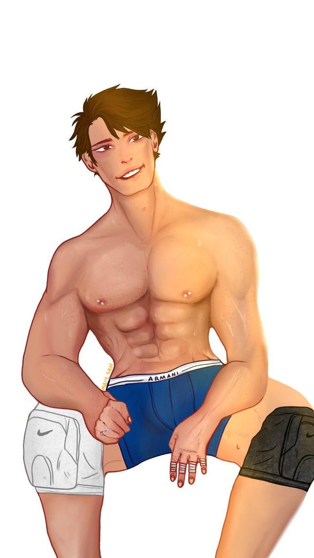 abs blue_boxers brown_eyes brown_hair finger_wrap haikyuu!! knee_pads maiysanx male male_only oikawa_tooru_(haikyuu!!) ring solo_male