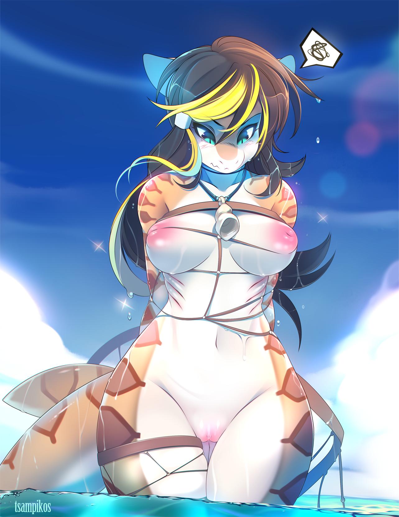 2019, angry, anthro, big breasts, blush, breasts, clitoris, clouds, day, detailed background, female, fish, fishing net, genitals, gills, hair, hi res, jewelry, long hair, marine, naked, navel, necklace, nipples, non-mammal breasts, nude, partially submerged, pictographics, pussy, seashell, shark, shell, sky, solo, tail, thick thighs, tsampikos, water, watermark, wet