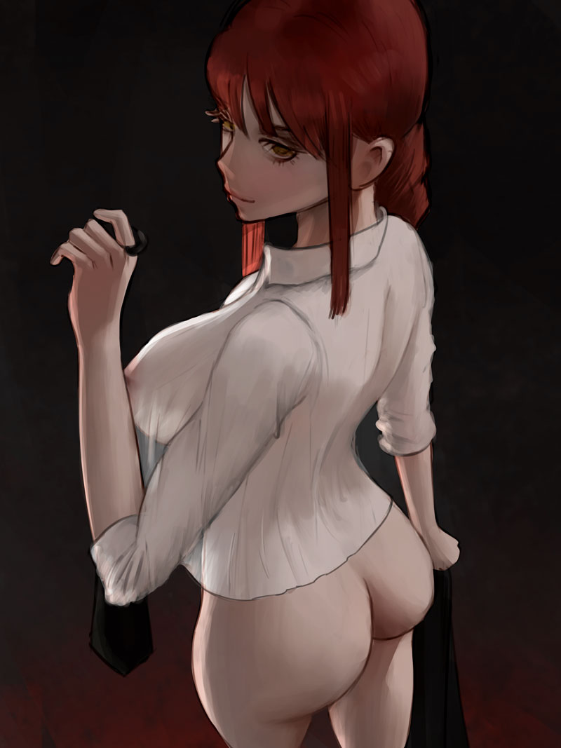 1girls, 2021, ass, bottomless, bottomless female, braided hair, breasts, chainsaw man, female, female focus, female only, hips, holding object, huge breasts, ignitesart, large ass, long hair, looking at viewer, makima (chainsaw man), naughty face, necktie, red hair, see-through, see-through clothing, simple background, slim waist, smile, thick thighs, thighs, white shirt, wide hips, yellow eyes