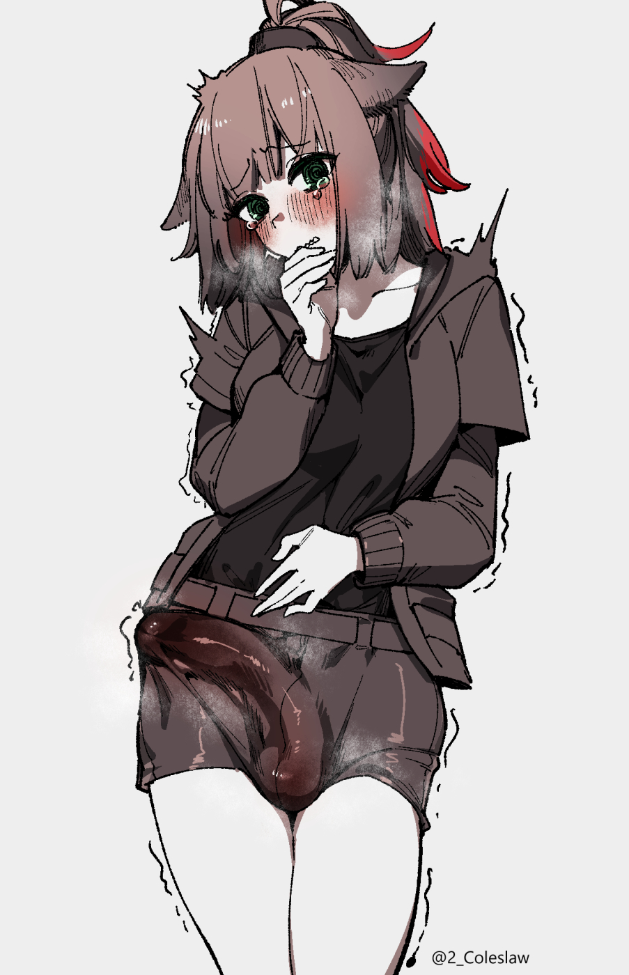 1futa, arknights, balls, balls under clothes, big penis, bulge, clothed, clothing, embarrassed, erection, erection under clothes, flustered, fully clothed, futa only, futanari, human, intersex, jacket, jessica (arknights), light skin, light-skinned futa, mirin chikuwa, penis, shorts, solo, standing, tearing up, trembling, twitch lines