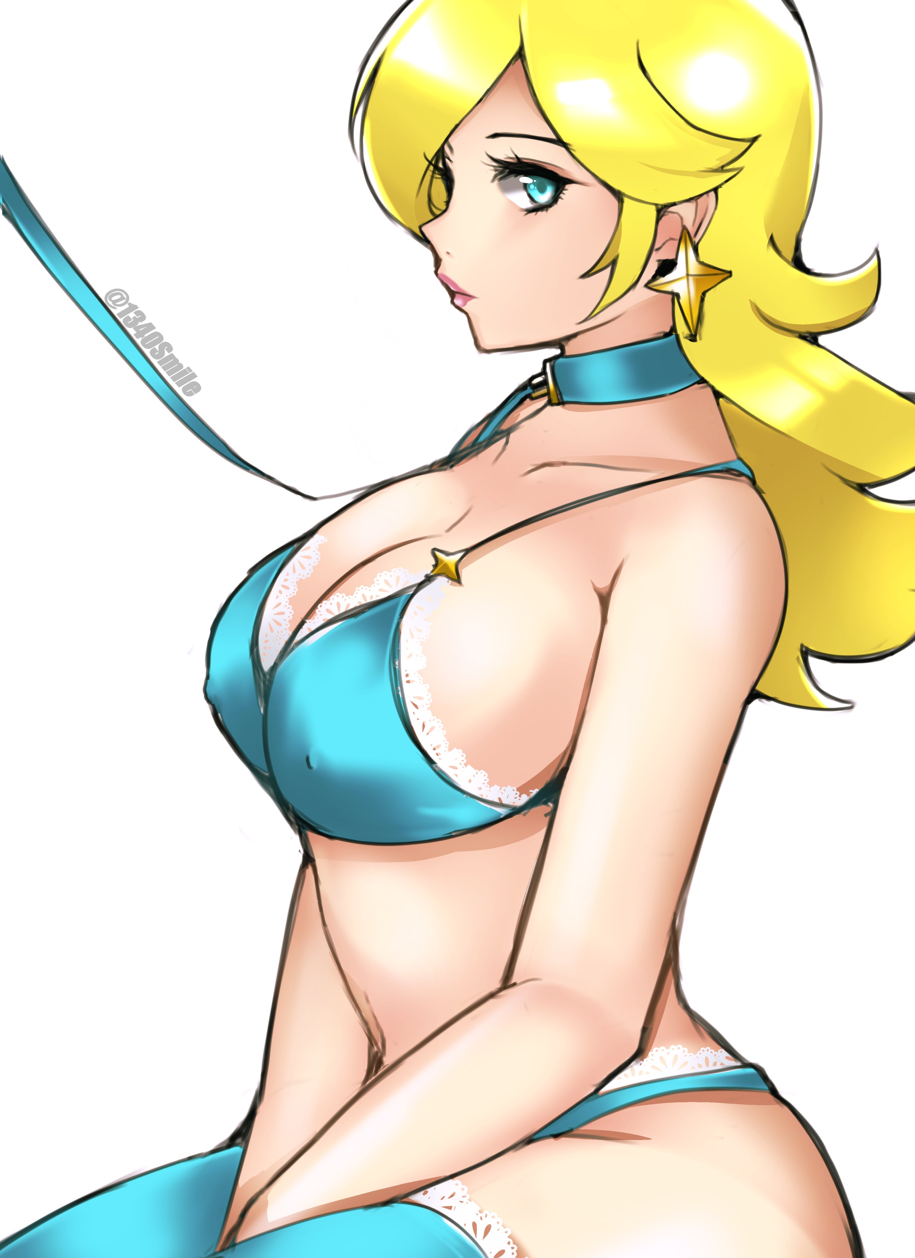 1340smile, 1girls, blonde hair, blue eyes, blue lingerie, blue panties, bondage, bra, cleavage, collar, covered nipples, earrings, emotionless, enslaved royal, female, female only, femsub, hair over one eye, hands between legs, high thighs, leash, leash and collar, lingerie, looking at viewer, mario (series), nintendo, on knees, panties, princess, princess rosalina, sex slave, slave, slave girl, stockings, submission, submissive, submissive female, super mario galaxy, thighhighs, thin female, underwear