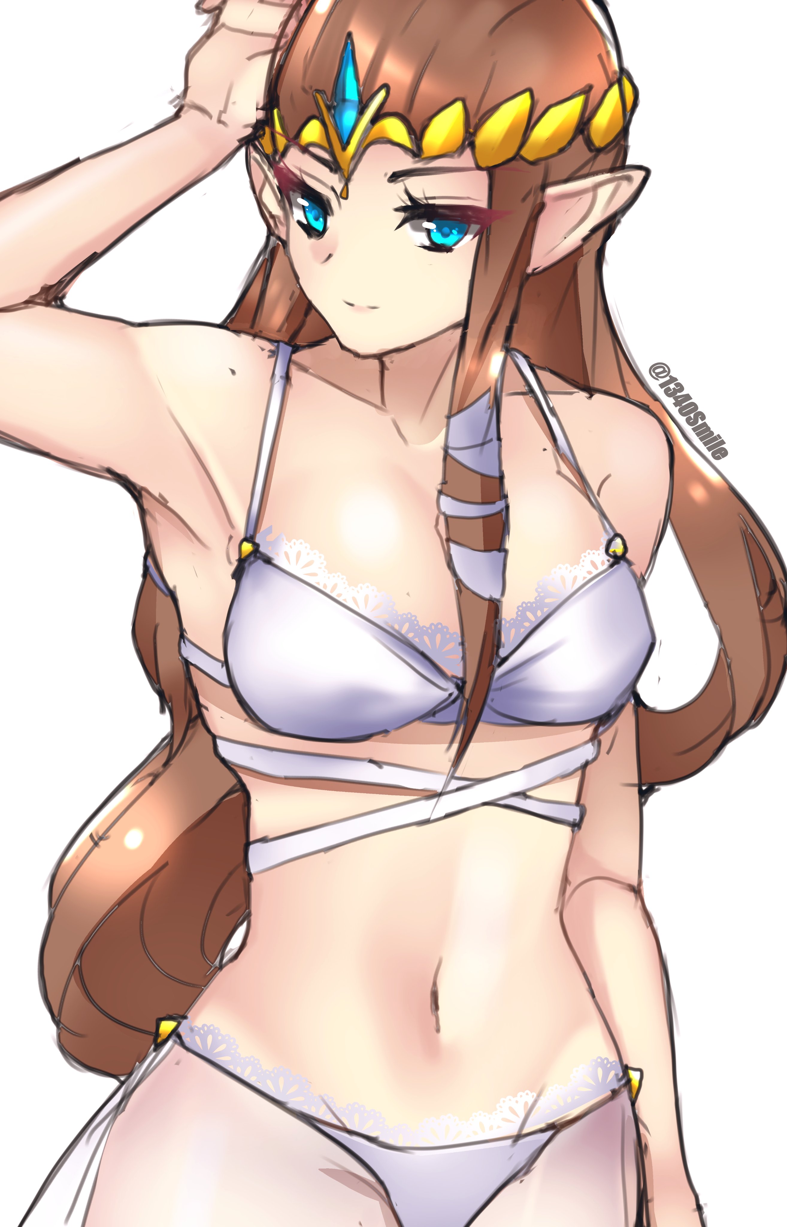 1340smile, 1girls, blue eyes, brown hair, female, lingerie, long hair, nintendo, princess zelda, smile, super smash bros., the legend of zelda, twilight princess, zelda (twilight princess)