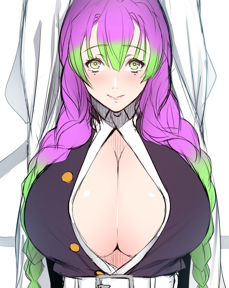 1girls, arms up, big breasts, braided hair, breasts, cleavage, demon slayer, female, female only, green eyes, green highlights, haori, huge breasts, kanroji mitsuri, kimetsu no yaiba, long hair, looking at viewer, mole under eye, open shirt, pink hair, pink-haired female, solo, two-tone hair, uniform, upper body, zucchini