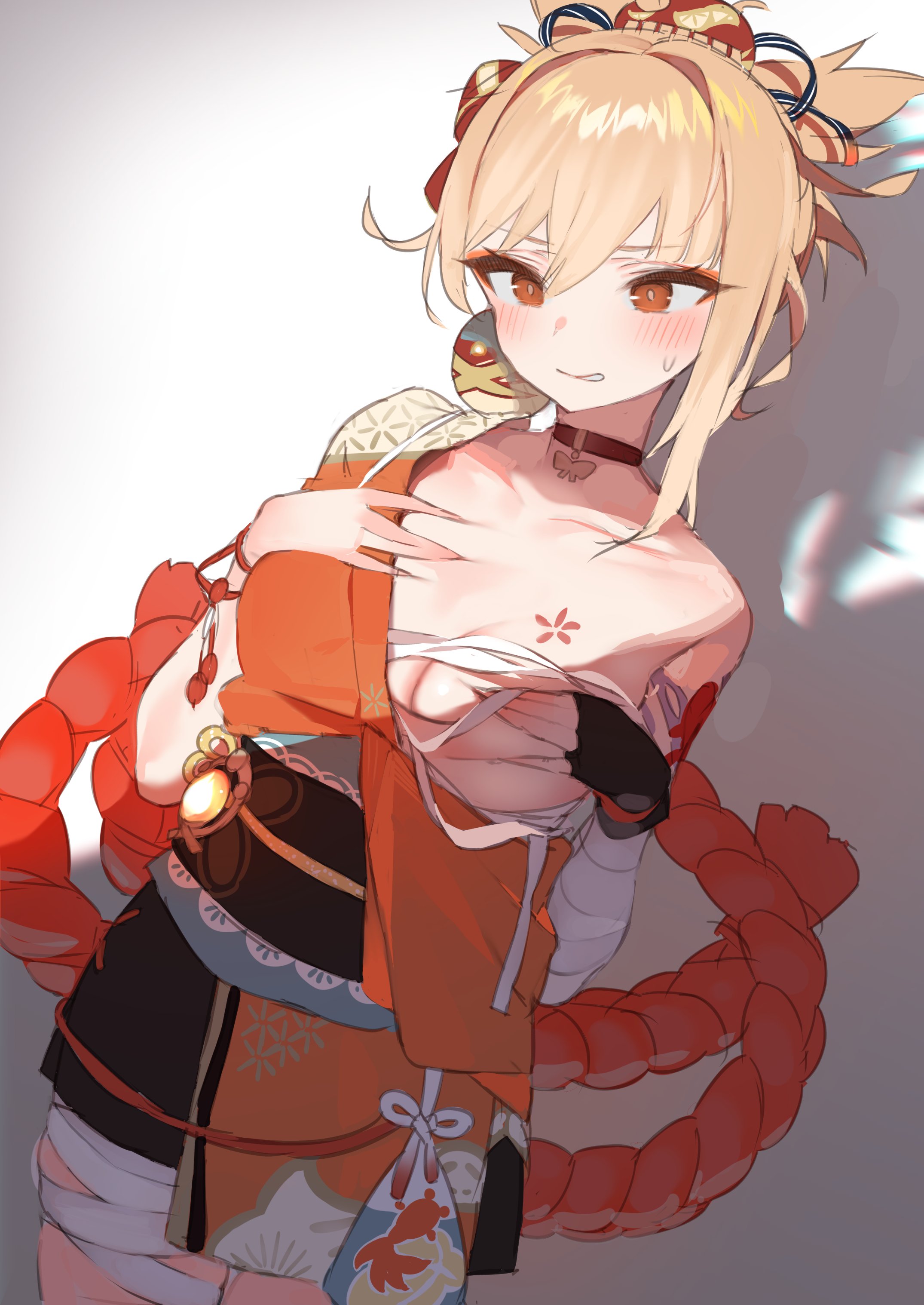 1girls, absurdres, bandaged arm, bandaged leg, bandages, bangs, bare shoulders, black gloves, blush, breasts, brown eyes, choker, cleavage, eyeliner, female, fingerless gloves, genshin impact, gloves, hair ornament, highres, japanese clothes, kimono, light skin, light-skinned female, makeup, off shoulder, one breast out, pomesaurus (pomesubrus), sarashi, sash, shimenawa, solo, solo female, sweatdrop, yoimiya (genshin impact)