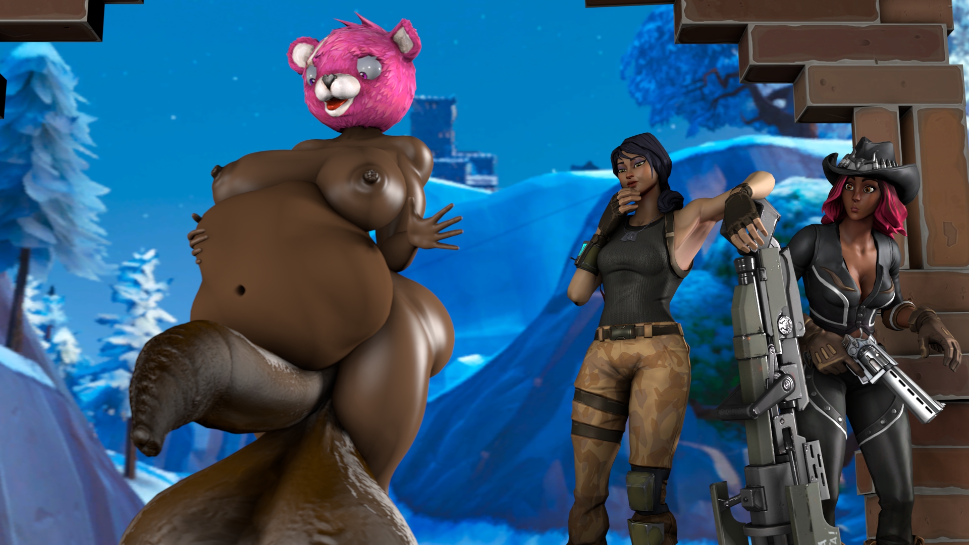 1futa, 2girls, 3d, balls, belly, belly bulge, big balls, big belly, breasts, calamity (fortnite), clothing, completely nude, cuddle team leader, dark skin, dark-skinned futa, dvadenizen, erection, female, foreskin, fortnite, futa pred, futa with female, futanari, group, hand on belly, helmet, huge balls, huge cock, intersex, large balls, large breasts, large penis, long foreskin, mask, nipples, nude, nude futa, oral vore, penis, same size vore, uncircumcised, uncut, unretracted foreskin, vore