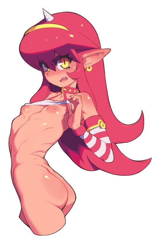 1 horn, 1girls, ass, bottomless, colored skin, cropped legs, cute fang, detached sleeves, earrings, female, female only, horns, inverted nipples, jewelry, long hair, looking at viewer, metata, nipples, oerba yun fang, open mouth, original, pink eyes, pink hair, pink skin, pointy ears, simple background, slit pupils, solo, twisted torso, white background