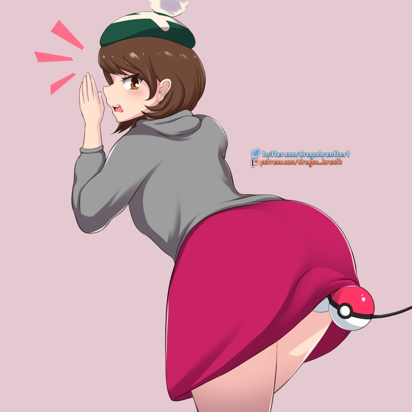 anal, anal beads, anal insertion, anal object insertion, ass, bending forward, bending over, big ass, big butt, blush, brown hair, dragon breath, female, gloria (pokemon), looking back, nintendo, plain background, poke ball, poke ball insertion, pokemon, pokemon ss, sex toy, skirt, surprised, sweater