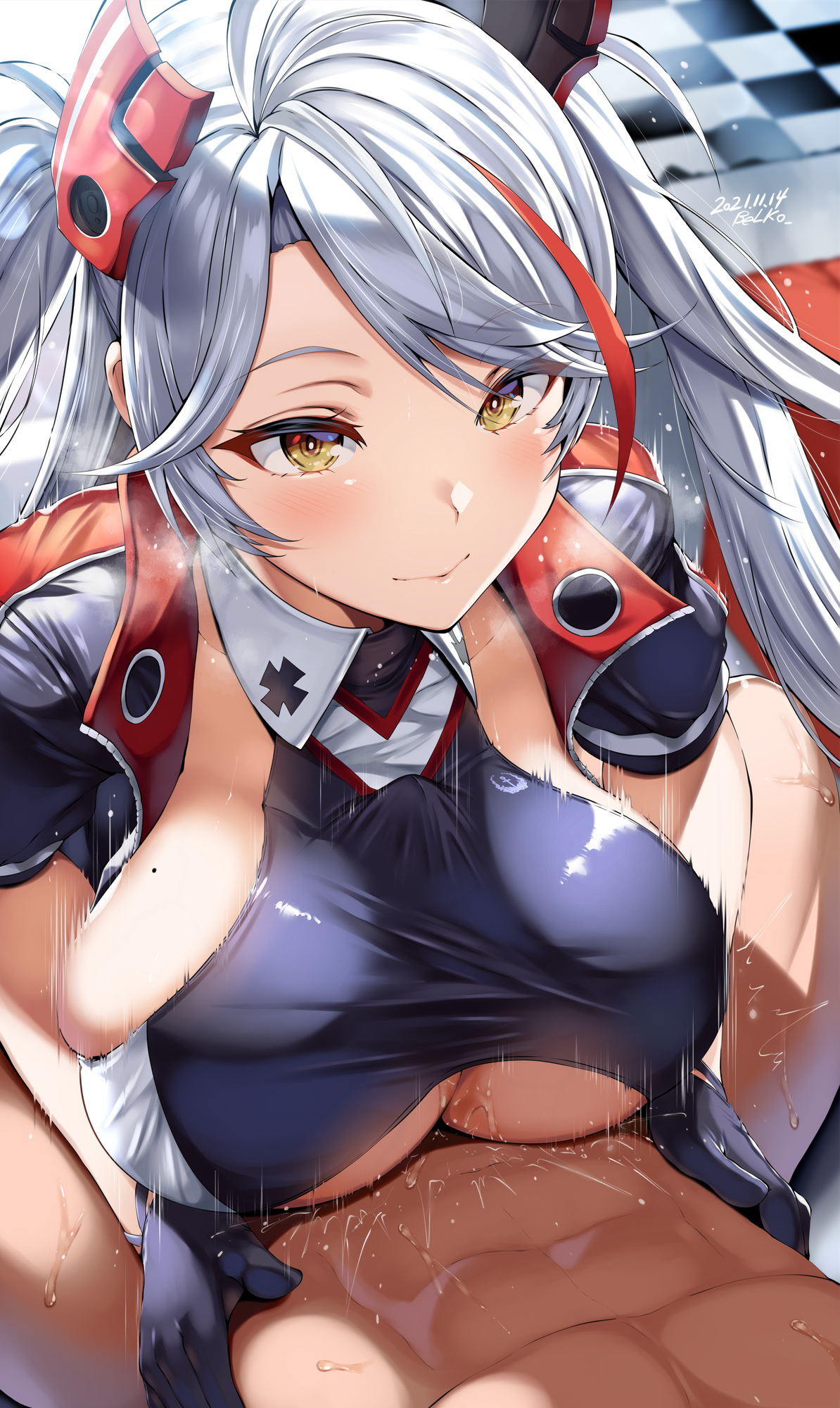 1boy, 1girls, azur lane, belko, big breasts, black gloves, breasts, engulfing paizuri, female, gloves, hair ornament, highres, huge breasts, jacket, large breasts, looking at partner, lube, male, paizuri, paizuri under clothes, penis, penis between breasts, prinz eugen (azur lane), red streak, sweat, tagme, twintails, waist grab, white hair, yellow eyes