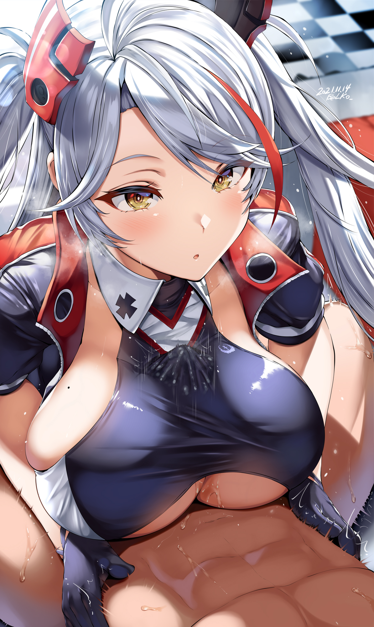 1boy, 1girls, azur lane, belko, big breasts, black gloves, breasts, cumming, ejaculating cum, ejaculation, engulfing paizuri, female, gloves, hair ornament, huge breasts, jacket, large breasts, looking at partner, lube, male, paizuri, paizuri flux, paizuri under clothes, penis, penis between breasts, prinz eugen (azur lane), red streak, sweat, tagme, twintails, waist grab, white hair, yellow eyes