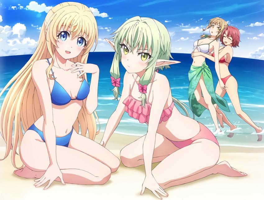 4girls, barefoot, bikini, blonde hair, blue eyes, blush, brown hair, cow girl (goblin slayer), elf, elf female, feet, female, female only, goblin slayer, green eyes, green hair, guild girl (goblin slayer), happy female, high elf archer (goblin slayer), multiple females, multiple girls, naked, nude, priestess (goblin slayer), red eyes, red hair, splashing, swimsuit, teenager, thin female, toes, water