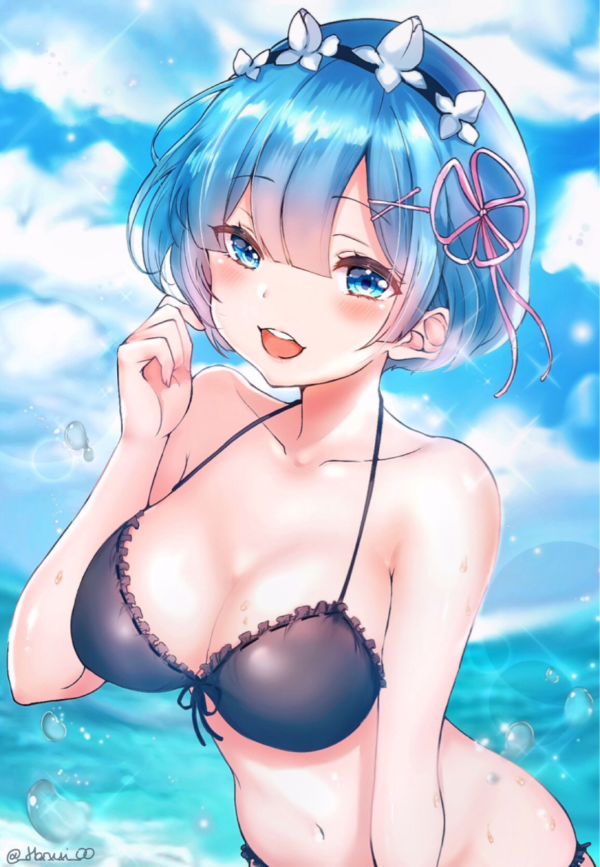 1girls, bare shoulders, bikini, black bikini, blue eyes, blue hair, cleavage, detailed background, diadem, female, female only, hair, hair ornament, harui oo, midriff, navel, open mouth, re:zero kara hajimeru isekai seikatsu, rem (re:zero), seaside, short hair, smile, solo, solo female, tagme, water