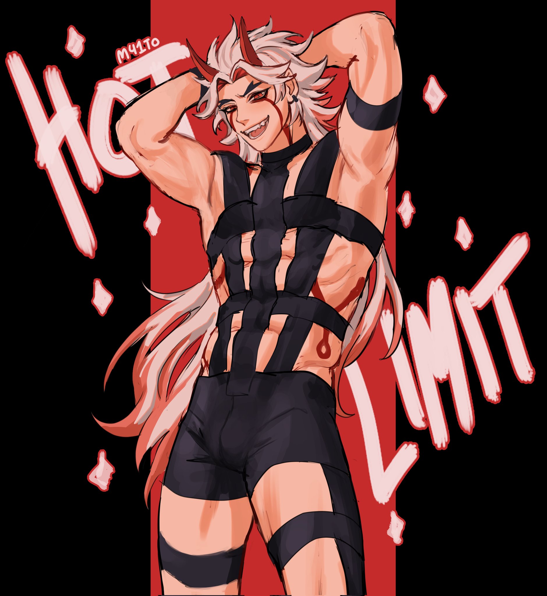 1boy, arataki itto, big arms, big legs, body markings, demon, ear piercing, gay, genshin impact, grey hair, horns, long hair, male, male only, markings, muscular, muscular arms, muscular legs, muscular male, muscular pecs, oni, orange eyes, pierced ears, piercing, pointed ears, red eyes, red horn, red horns, red markings, red strand of hair, red streak, revealing clothes, revealing outfit, revealing pants, simple background, skimpy clothes, skimpy outfit, slit pupils, solo, solo male, white hair
