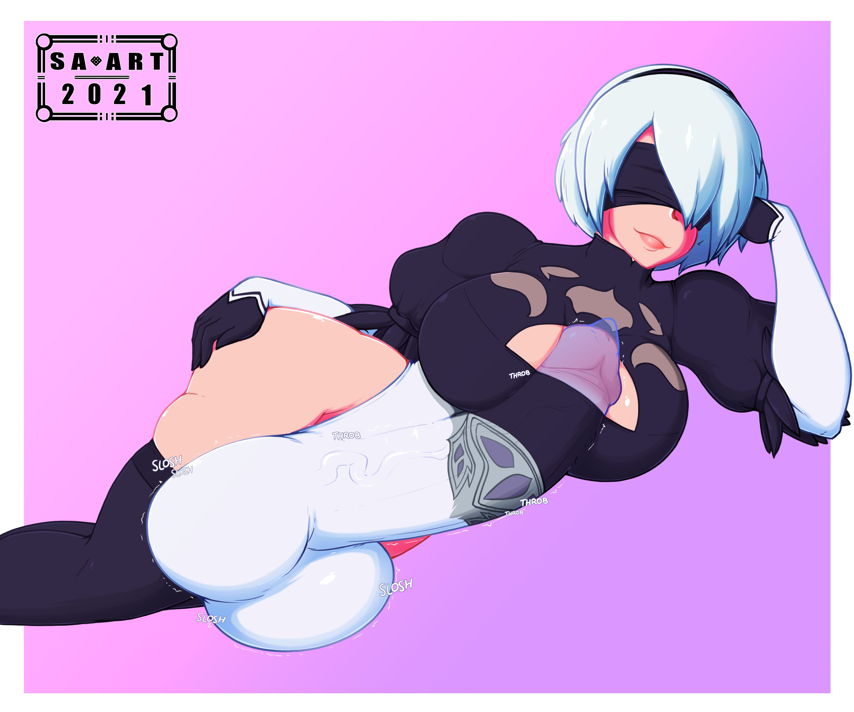 1futa, autopaizuri, balls, balls bulge, balls under clothes, big balls, big breasts, big bulge, big penis, blindfold, breasts, bulge, clothed, clothing, condom, condom on penis, elbow gloves, english text, erect penis, erection, futa only, futanari, gloves, hairband, huge balls, huge breasts, huge bulge, huge cock, human, hyper, hyper balls, hyper penis, intersex, leotard, light skin, light-skinned futa, mostly clothed, nier: automata, penis, penis under clothes, simple background, solo, solo futa, strangeazian, testicles, text, thick thighs, thighhighs, white hair, wide hips, yorha 2b