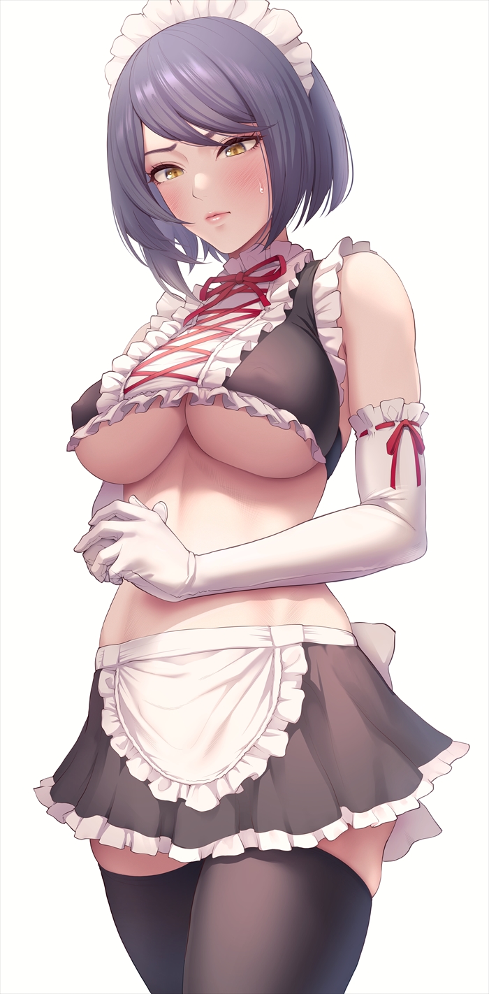 1girls, black hair, black legwear, blush, breasts, busty, edogawa roman, elbow gloves, female, female only, genshin impact, gloves, kujou sara, large breasts, legwear, long gloves, maid, maid apron, maid headdress, maid uniform, midriff, short hair, skirt, sweatdrop, thighhighs, underboob, white elbow gloves, white gloves, white long gloves, yellow eyes