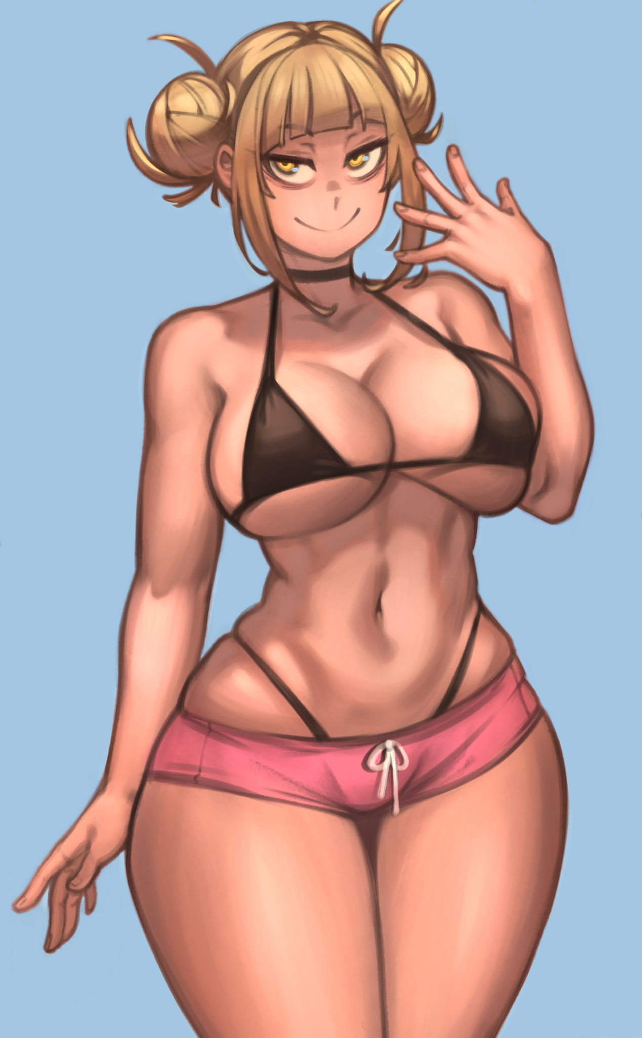 1girls, big breasts, blonde hair, blonde-haired female, bra, breast grab, breasts, female, female only, himiko toga, kelvin hiu, messy hair, my hero academia, panties, perfect legs, shirtless, short hair, shorts, solo, thick thighs, thighs, thighs together, thong