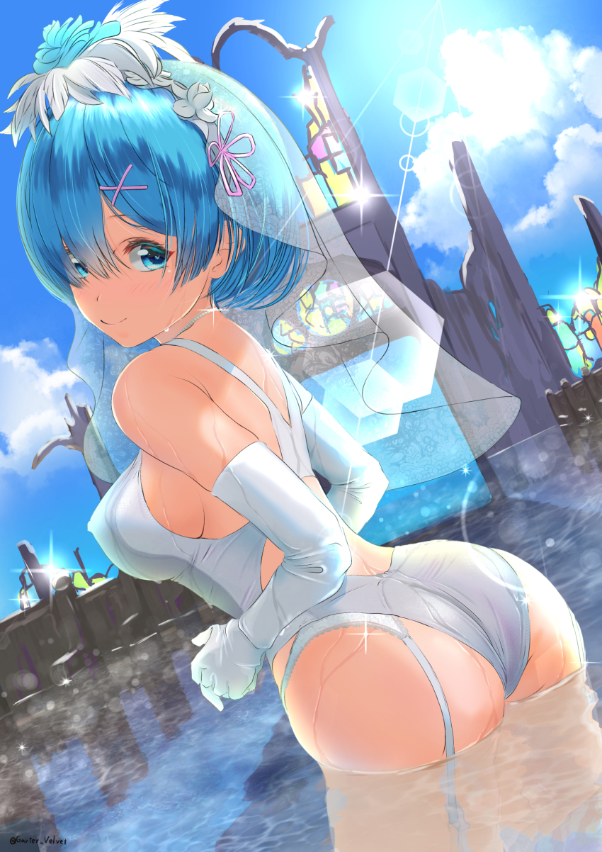 1girls, ass, blue eyes, blue hair, elbow gloves, female, looking at viewer, outdoors, partially submerged, re:zero kara hajimeru isekai seikatsu, rem (re:zero), short hair, smile, sunlight, thighs, wedding veil, white gloves, white lingerie