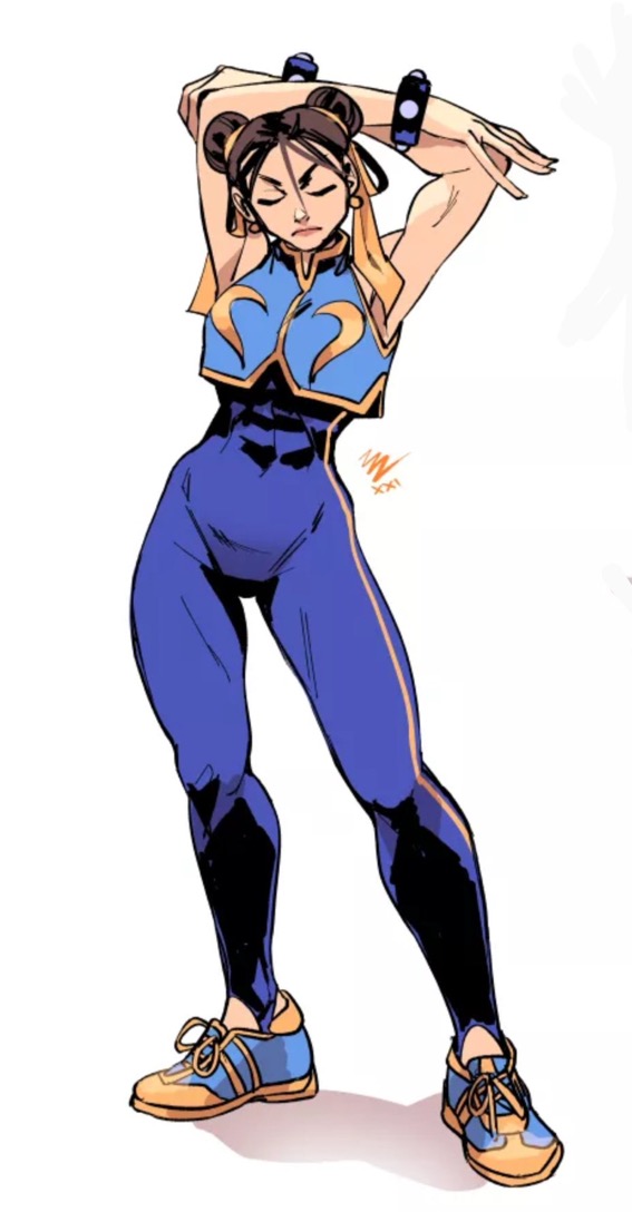 1girls abs arms_above_head bodysuit chun-li clothed clothed_female clothes clothing female female_only fully_clothed solo street_fighter stretching toned toned_female vashperado