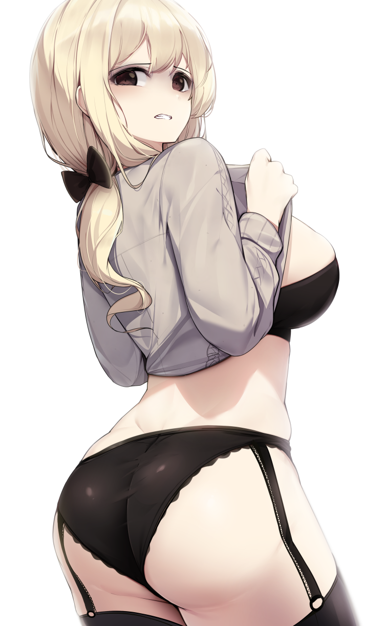 ass, big ass, big breasts, black bra, black panties, blonde hair, bow, bra, breasts, brown eyes, clenched teeth, clothes lift, cowboy shot, ddangbi, female, garter straps, grey shirt, hairbow, highres, large breasts, long sleeves, looking at viewer, looking back, original, panties, ponytail, shirt, shirt lift, simple background, solo, teeth, thighs, underwear, white background