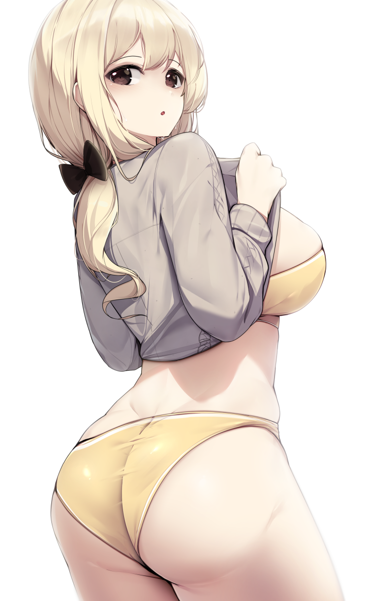 :o ass big_ass big_breasts bikini blonde_hair bow bra breasts brown_eyes clothes_lift cowboy_shot ddangbi female grey_shirt hairbow highres large_breasts long_sleeves looking_at_viewer looking_back open_mouth original ponytail shirt shirt_lift simple_background solo swimsuit thighs white_background yellow_bikini