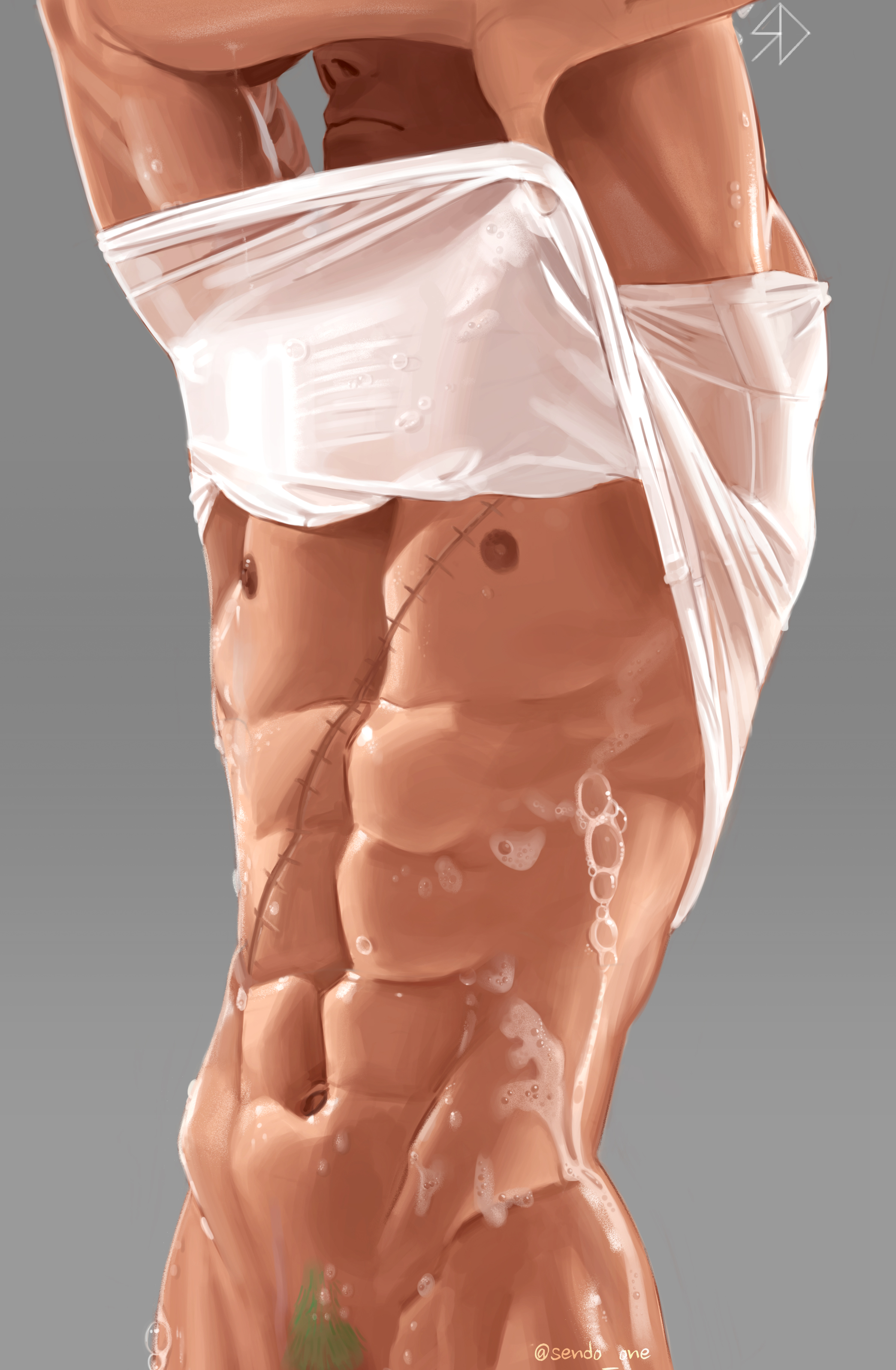 1boy, bara, chad, gay, green hair, male, male only, nipples, nude, one piece, realistic, roronoa zoro, scar, sendo one, shirtless, shirtless (male), shower, take off shirt, wet, white shirt