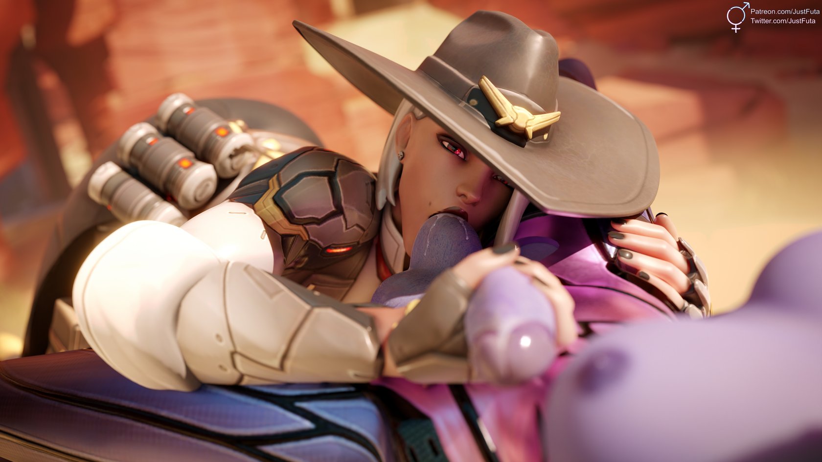 1girls, 2futas, 3d, 3d (artwork), ashe (overwatch), balls, balls sucking, female, futa on female, futa only, futanari, handjob, intersex, justfuta, leaking cum, light skin, light-skinned female, outside, overwatch, pov, pov eye contact, seductive, sucking balls, widowmaker