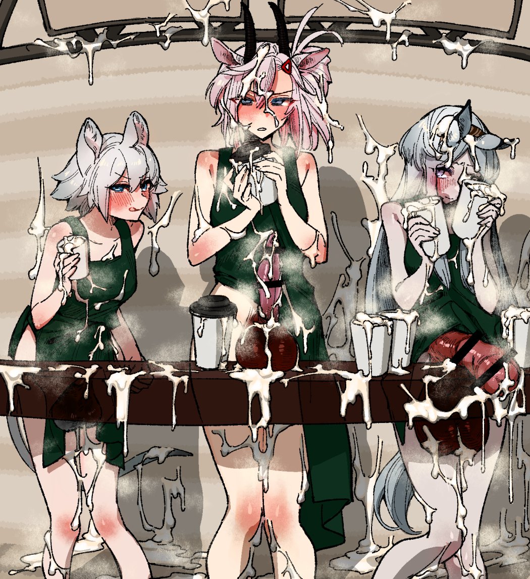 3futas animal_ears animal_genitalia annoyed apron apron_only arknights balls bedroom_eyes big_balls big_penis blush breasts censored click_(arknights) clothed clothing cum cum_everywhere cum_in_container cum_in_cup cum_on_body cum_on_clothes cum_on_face cum_through_clothes earthspirit_(arknights) embarrassed erection erection_under_clothes futa_only futanari goat_girl goat_horns heavyrain_(arknights) horns horse_girl horsecock horsecock_futanari huge_balls huge_cock humanoid iced_latte_with_breast_milk kemonomimi knees_together_feet_apart licking_lips light-skinned_futanari light_skin meme mirin_chikuwa mostly_nude naked_apron oversized_balls pale_skin penis penis_size_difference shy standing tenting x-ray