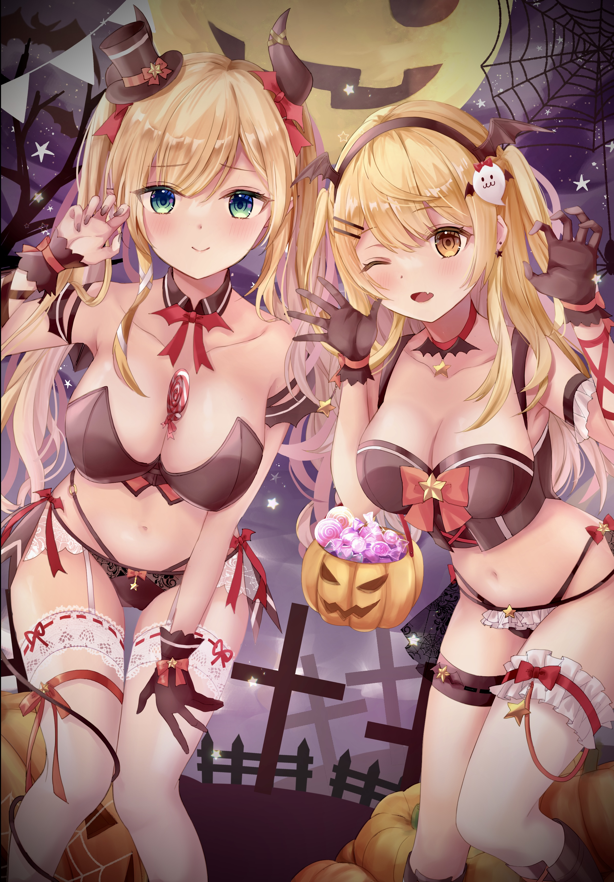 2girls, blonde hair, cleavage, demon, female, frills, halloween, hololive, hololive gen 1, hololive gen 2, hololive japan, kebaboishii, succubus, underwear, virtual youtuber, yozora mel, yuzuki choco