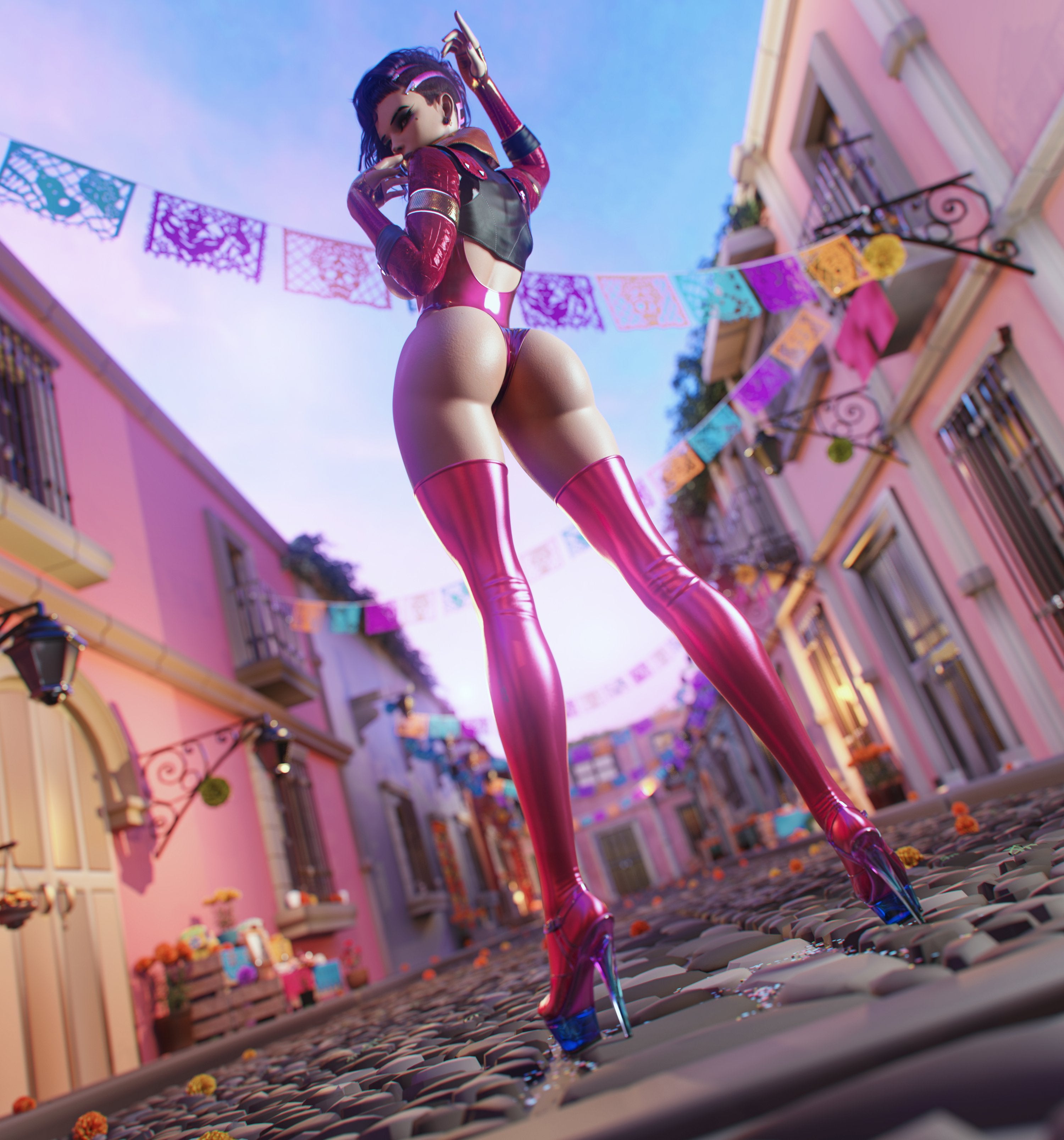 3d, ass, athletic, athletic female, female, high heels, human, latina, leotard, low-angle view, nail polish, noahgraphicz, overwatch, public, sombra