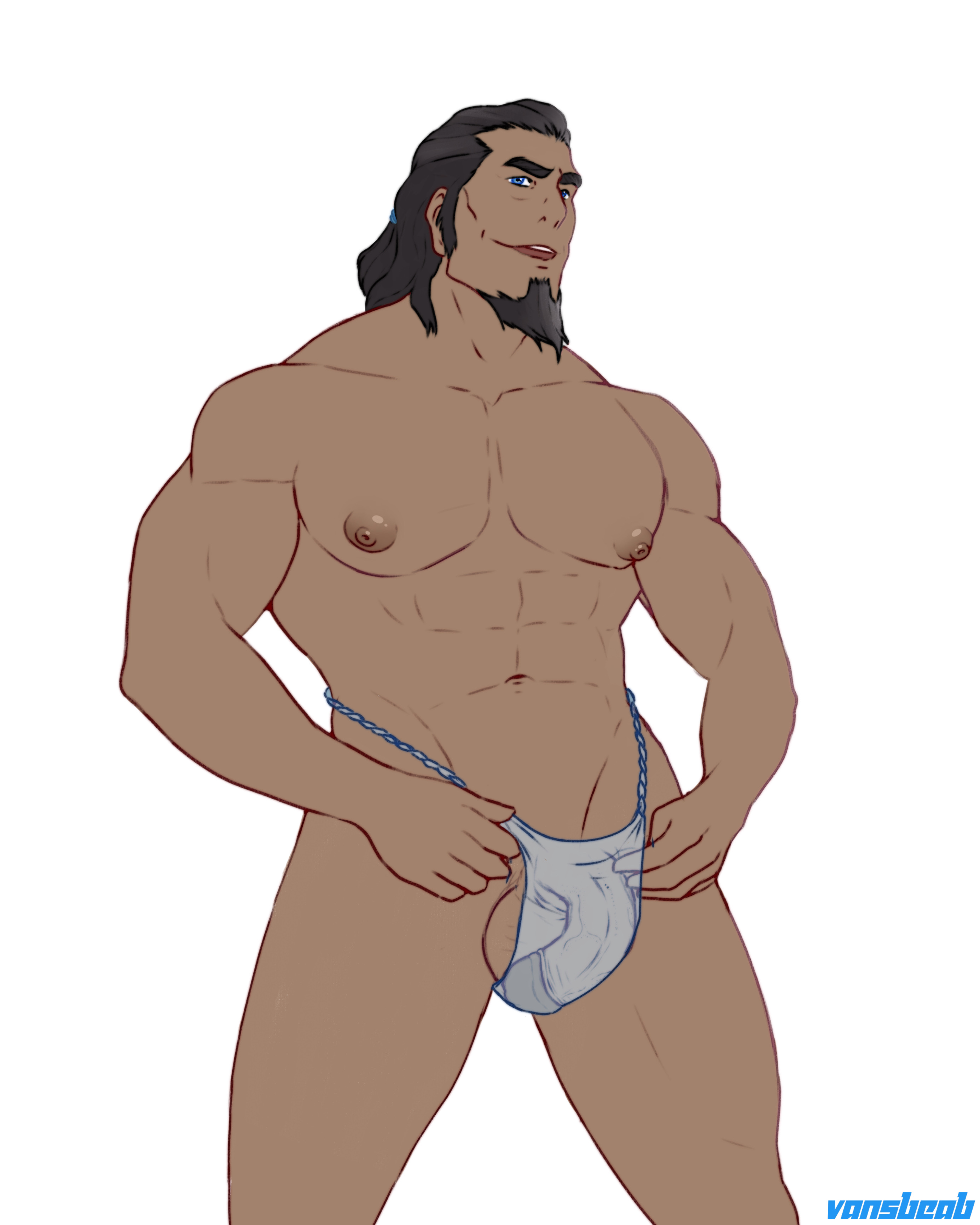 1boy, abs, artist name, avatar legends, balls, balls in underwear, bara, beard, biceps, big nipples, big pecs, big penis, black hair, blue eyes, breasts, bulge, busty, dark skin, dark-skinned male, dilf, facial hair, flaccid, flaccid penis, goatee, human, human only, long hair, long-haired male, male, male chest, male focus, male nipples, male only, male with breasts, moobs, muscles, muscular, muscular chest, muscular male, nipples, pecs, pectorals, penis, penis in underwear, see-through, see-through clothing, see-through swimsuit, see-through underwear, smooth skin, solo, solo focus, solo male, standing, the legend of korra, thick eyebrows, thong, thong only, tied hair, tonraq, underwear, underwear only, vansbeab, water tribe, white background, yaoi
