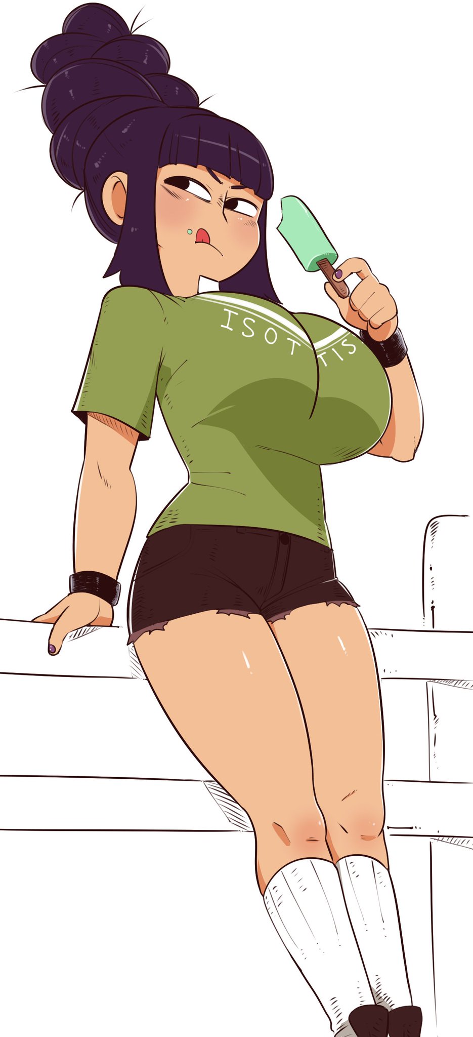 1girls, beehive hairdo, big breasts, blush lines, breasts, casual, command grab, female, female only, kneehighs, large breasts, light skin, light-skinned female, nuclearwasabi, popsicle, purple hair, shorts, socks, solo, solo female, tagme, thighs, tied hair