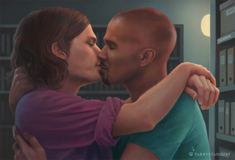 2boys artist_request bald criminal_minds derek_morgan kissing safe spencer_reid