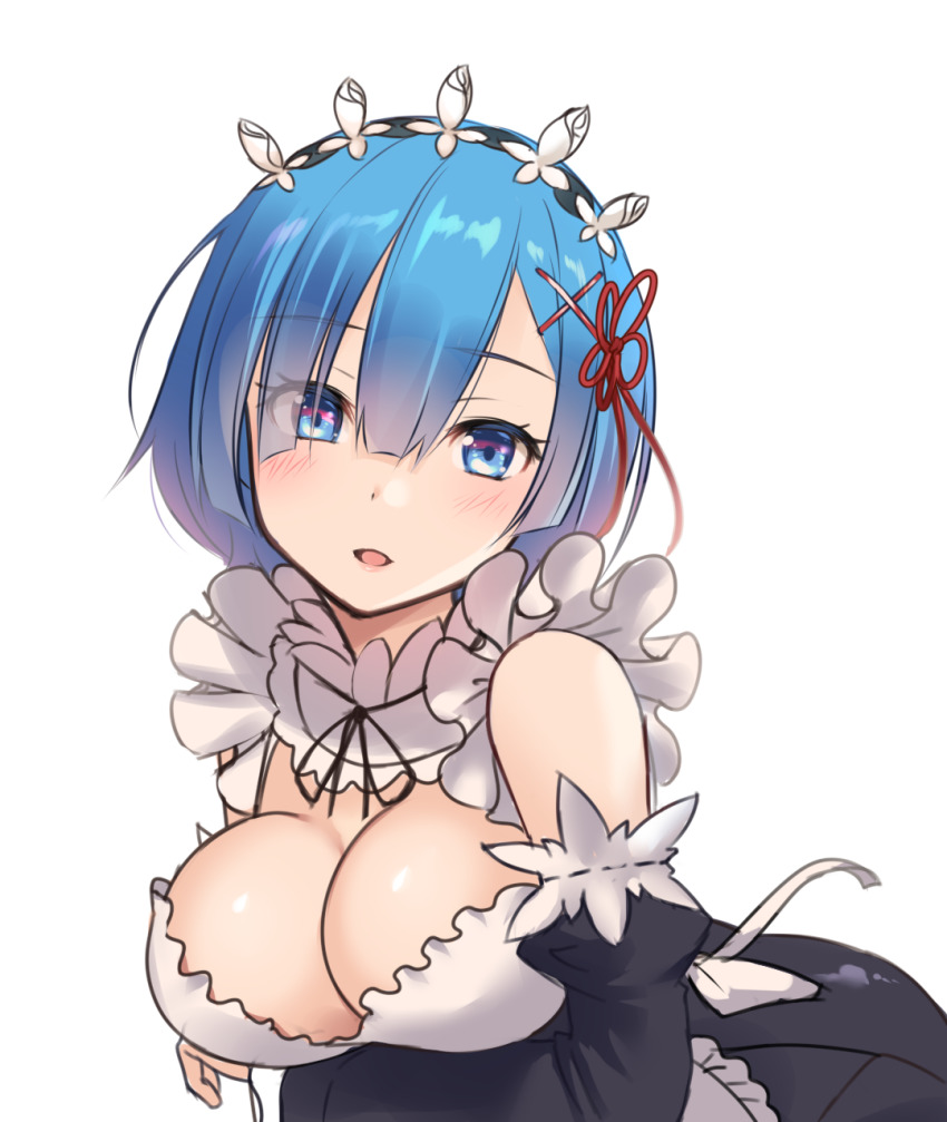 1girls, alternate breast size, bangs, big breasts, blue eyes, blue hair, breasts, bursting breasts, cleavage, clothed, collar, dress, eyes visible through hair, female, female focus, female only, frills, fringe, hair, hair ornament, headband, headdress, kakaon, light skin, light-skinned female, looking at viewer, maid, maid outfit, maid uniform, re:zero kara hajimeru isekai seikatsu, rem (re:zero), short hair, solo female, solo focus
