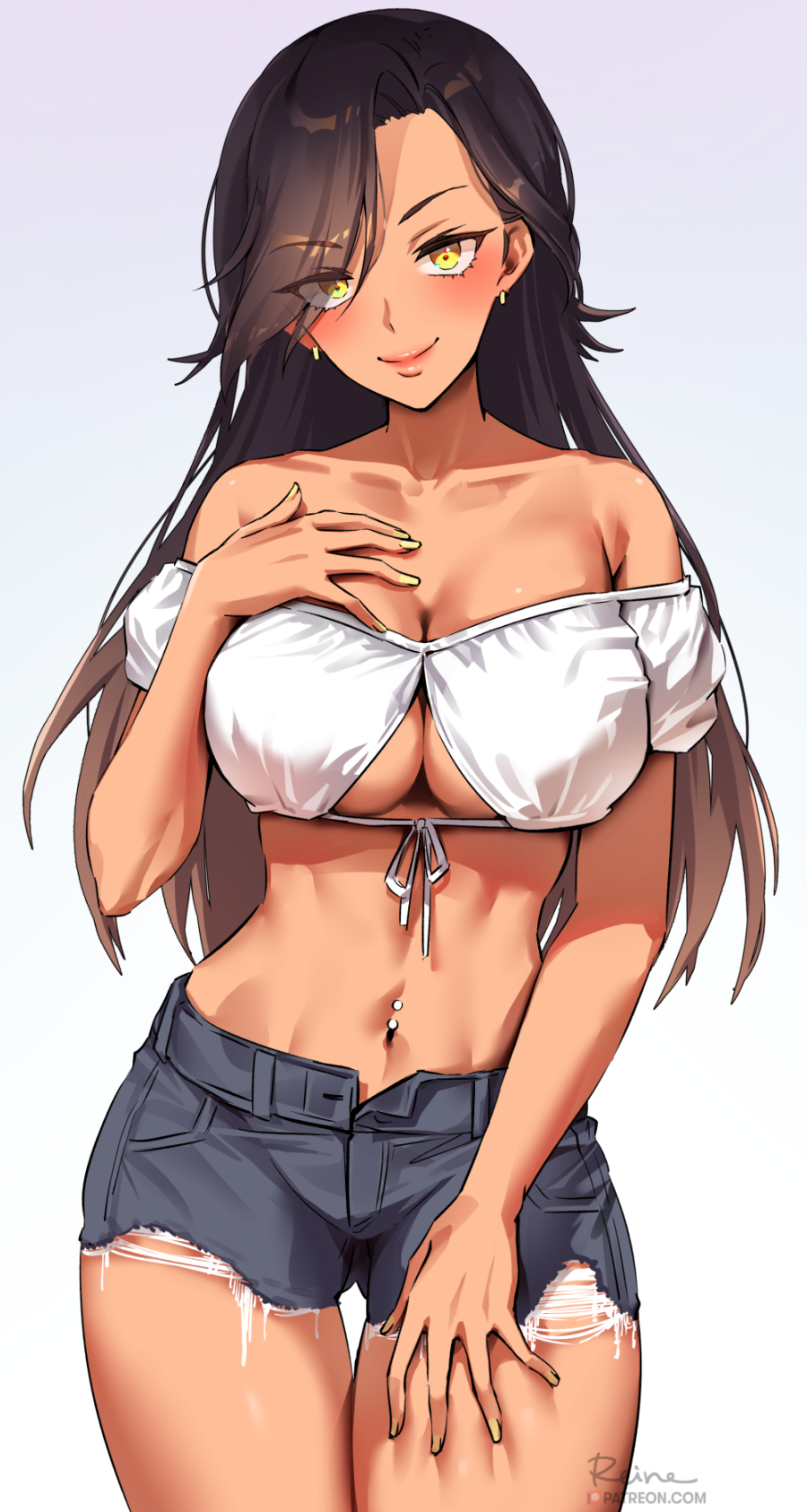 1girls, 2022, anime style, belly button, belly button piercing, black hair, booty shorts, breasts, cleavage, ear piercing, female, female only, foxy rain (foxyreine), foxyrain (foxyreine), foxyreine, hand on chest, hips, huge breasts, jean shorts, light blush, lipstick, long hair, looking at viewer, original, original character, painted nails, short shorts, shorts, slim waist, smile, tan, tan-skinned female, tanned skin, thick thighs, thigh gap, thighs, white topwear, wide hips, yellow eyes