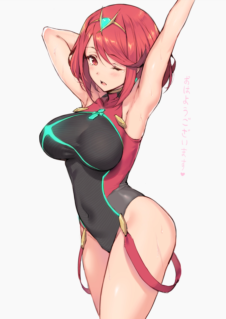 1girls amber_eyes haoni looking_at_viewer nintendo pyra red_hair short_hair solo_female swimsuit tiara xenoblade_(series) xenoblade_chronicles_2