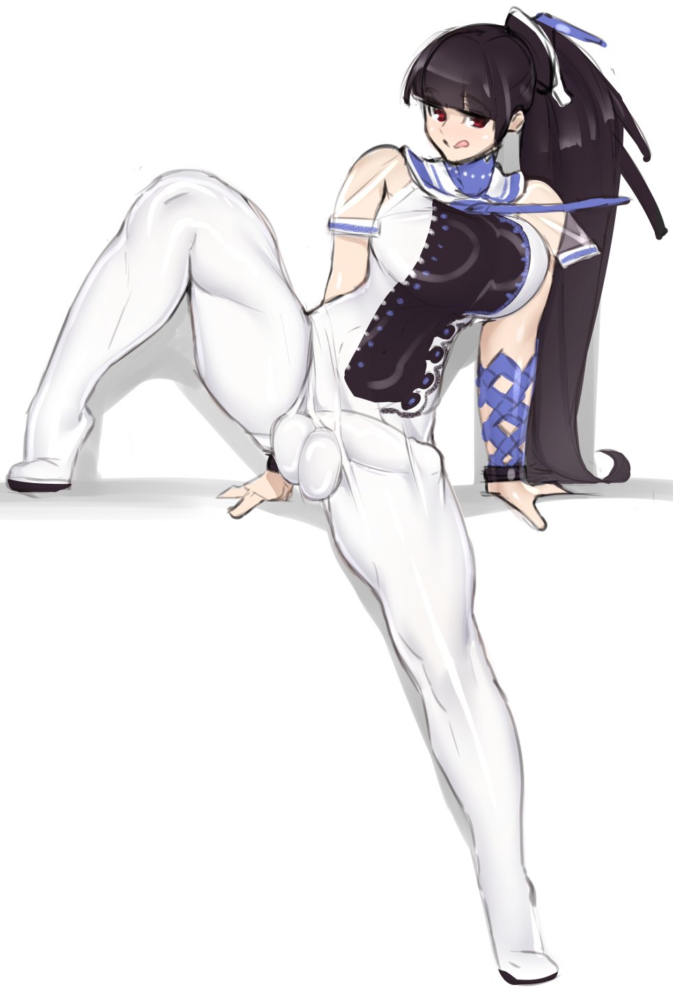 1futa, arm support, balls, bangs, big balls, big breasts, big penis, black hair, bodysuit, breasts, bulge, clothed, clothing, erection under clothes, eve (stellar blade), fully clothed, futa only, futanari, human, intersex, leg up, licking lips, light skin, light-skinned futa, long hair, looking at viewer, necrosmos, one leg up, pale skin, penis, ponytail, pose, red eyes, solo, standing, stellar blade, tongue, tongue out, white clothing