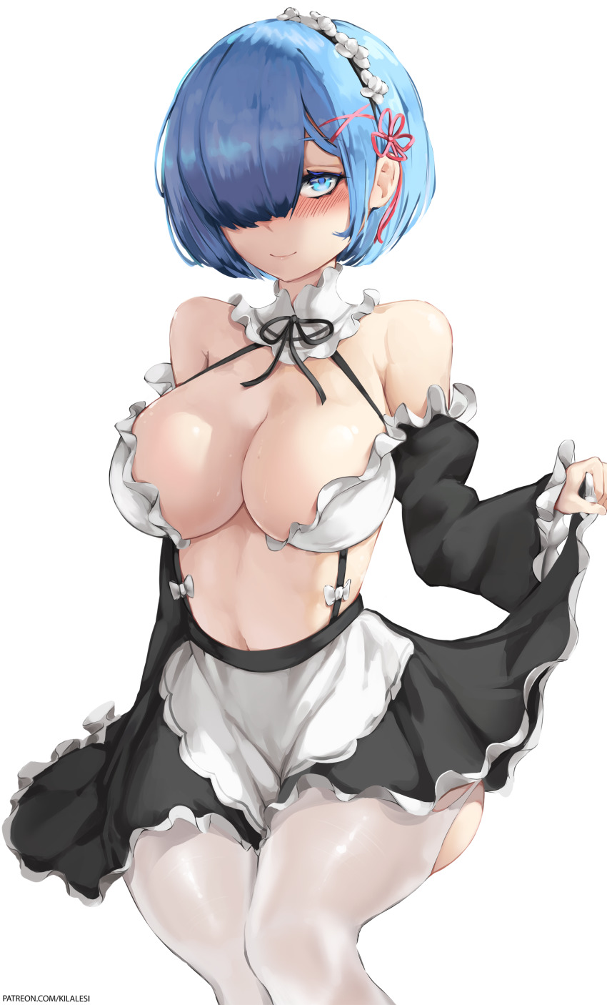 abs blue_eyes blue_hair kilalesi maid maid_uniform re:zero_kara_hajimeru_isekai_seikatsu rem_(re:zero) tagme white_tights wide_hips