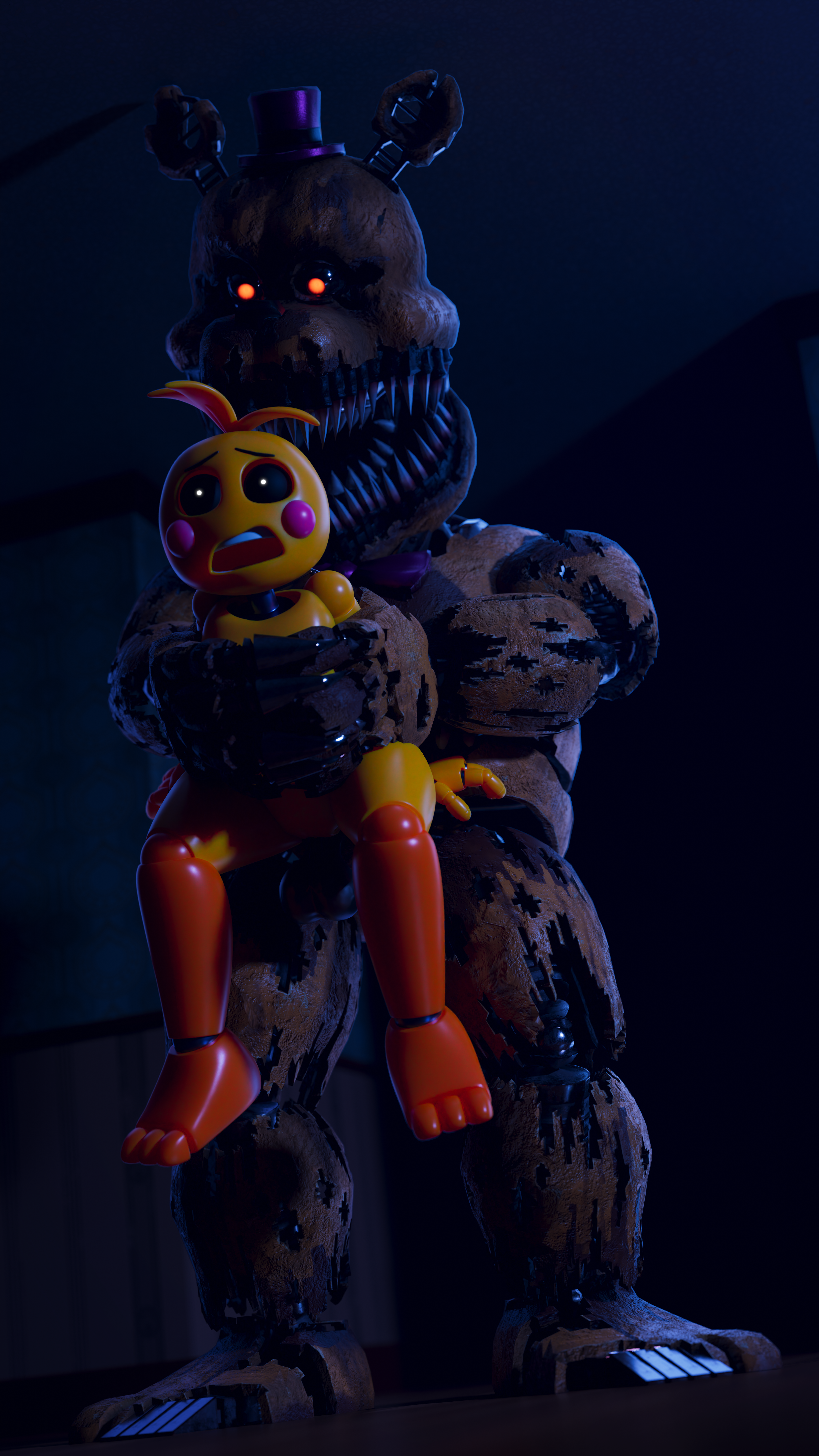2021, 3d, 3d (artwork), absurd res, animatronic, anthro, ashleyorange, ass, balls, barefoot, bear, big ass, big butt, biped, blonde hair, blue eyes, blush, ears down, feet, female, five nights at freddy's, five nights at freddy's 2, five nights at freddy's 4, fredbear (fnaf), genitals, girly, hair, hi res, lagomorph, leporid, looking back, lovetaste chica, male, mammal, multicolored body, nightmare fredbear (fnaf), penis, pink nose, pivoted ears, rabbit, rape, rear view, size difference, soles, straight, toy chica (ashleyorange), toy chica (fnaf), toy chica (love taste), two-tone body, video games