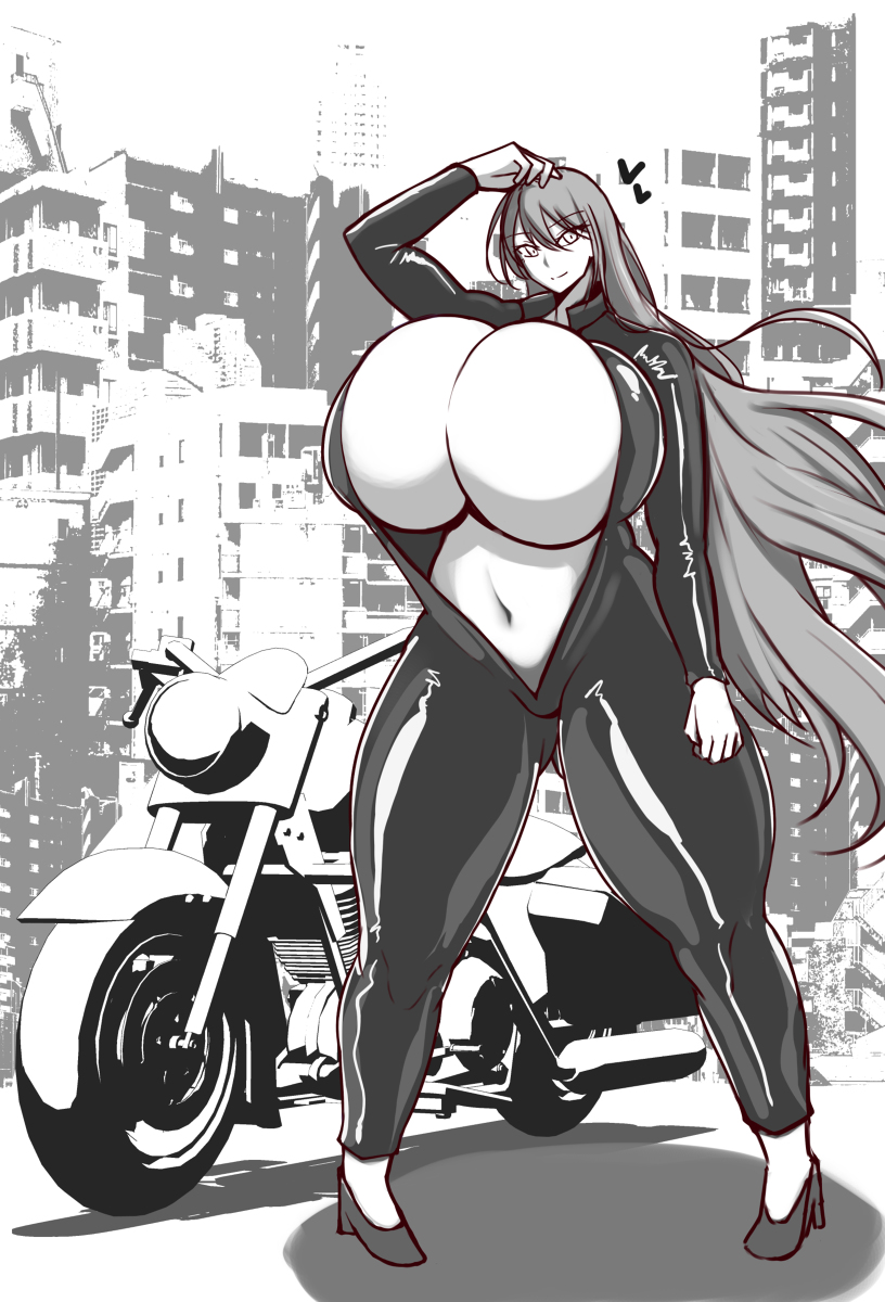 black_clothing blue_hair bodysuit gigantic_breasts huge_breasts hyper hyper_breasts lydia_(semo) monochrome motorcycle rowra8247 semo source_request tagme