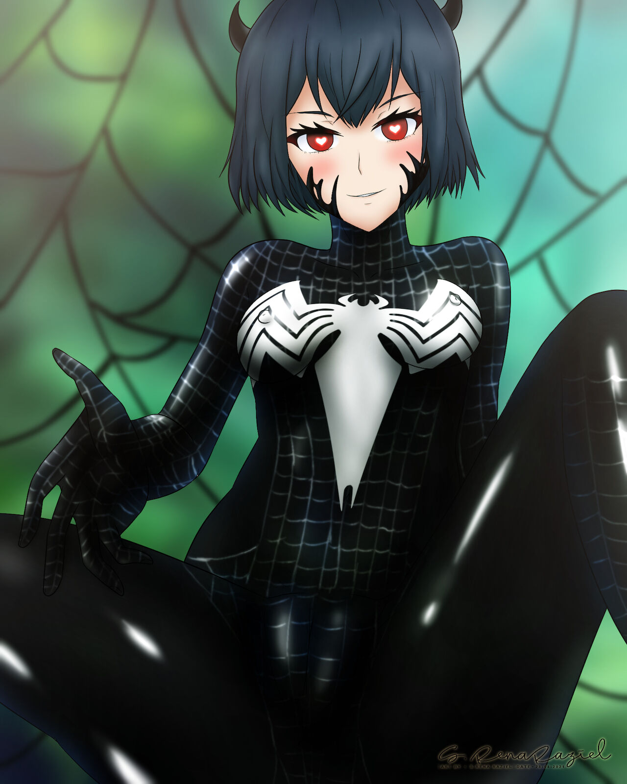 black_clothing black_clover cobwebs heart heart-shaped_pupils marvel marvel_comics nero_(black_clover) nipples nipples_visible_through_clothing s_rena_raziel_(artist) secre_swallowtail skin_tight skin_tight_suit spider-man_(series) spiderweb straight_hair symbiote venom venom_(marvel) web