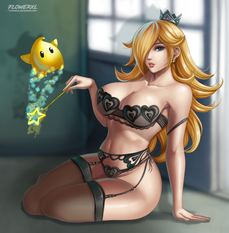 1girls, black lingerie, blonde hair, blue eyes, breasts, cleavage, crown, female, female only, flowerxl, garter belt, higher resolution available, lingerie, looking at viewer, luma, magic wand, mario (series), nintendo, princess rosalina, sitting, solo, thighhighs