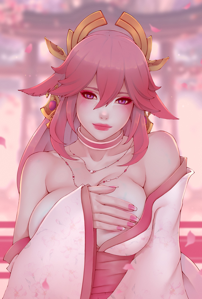 1girls, animal ears, bare shoulders, blurry background, blush, breasts, choker, covering breasts, female, female only, french nails, genshin impact, hair between eyes, japanese clothes, jewelry, large breasts, long hair, long nails, long sleeves, looking at viewer, makeup, miko, nail polish, necklace, obi, pink hair, pink lips, purple eyes, sash, solo, soranamae, upper body, wide sleeves, yae miko