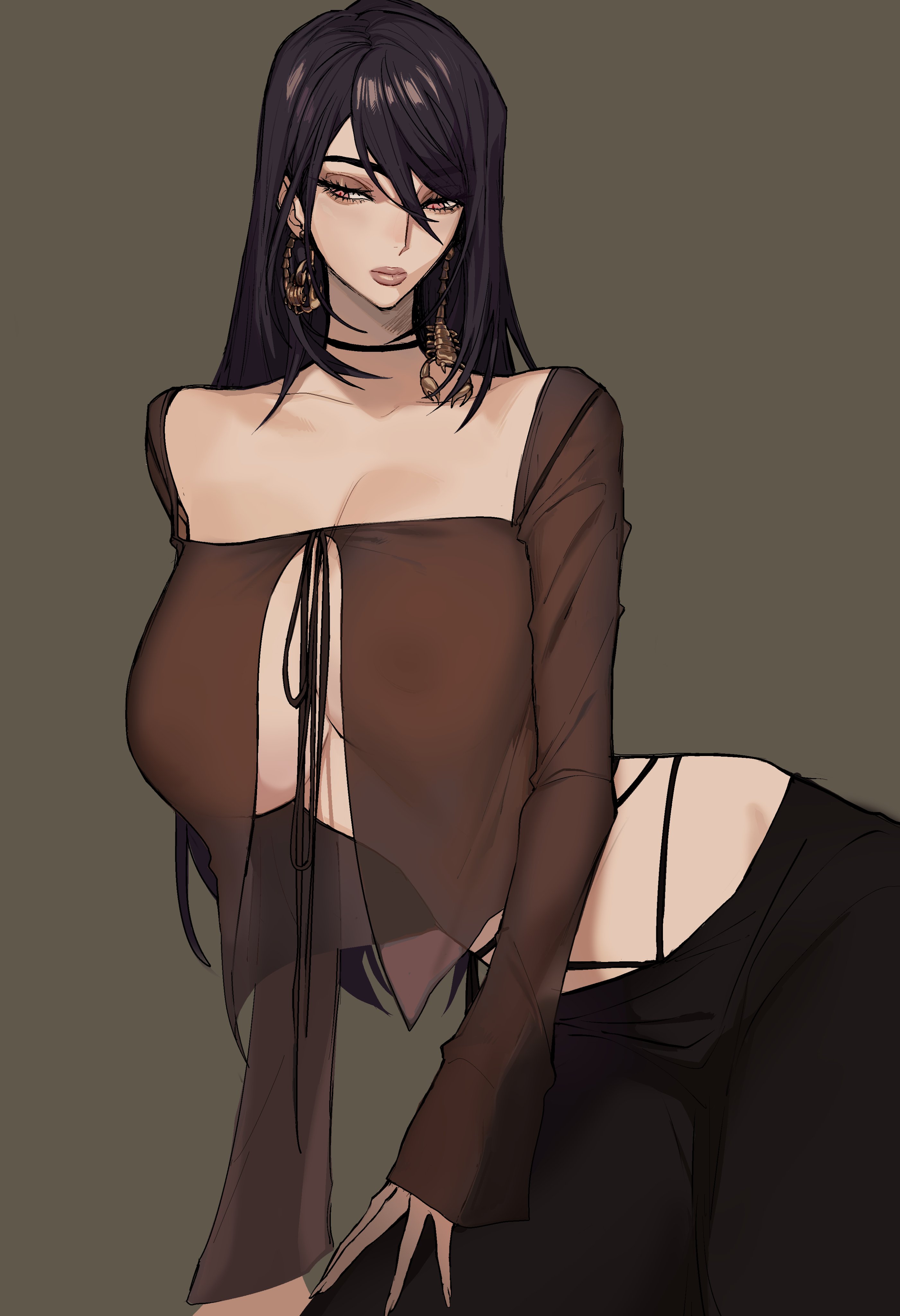 1girls, absurd res, big breasts, black hair, breasts, cleavage, clothed, clothes, clothing, dress, earrings, ennuigrl, erato (ennuigrl), eyelashes, female, female only, fully clothed, grey background, hourglass figure, huge breasts, human, human only, humanoid, inner sideboob, large breasts, light skin, light-skinned female, long hair, looking down, narrowed eyes, original, red eyes, scorpion, solo, thick, thick thighs, thighs, voluptuous
