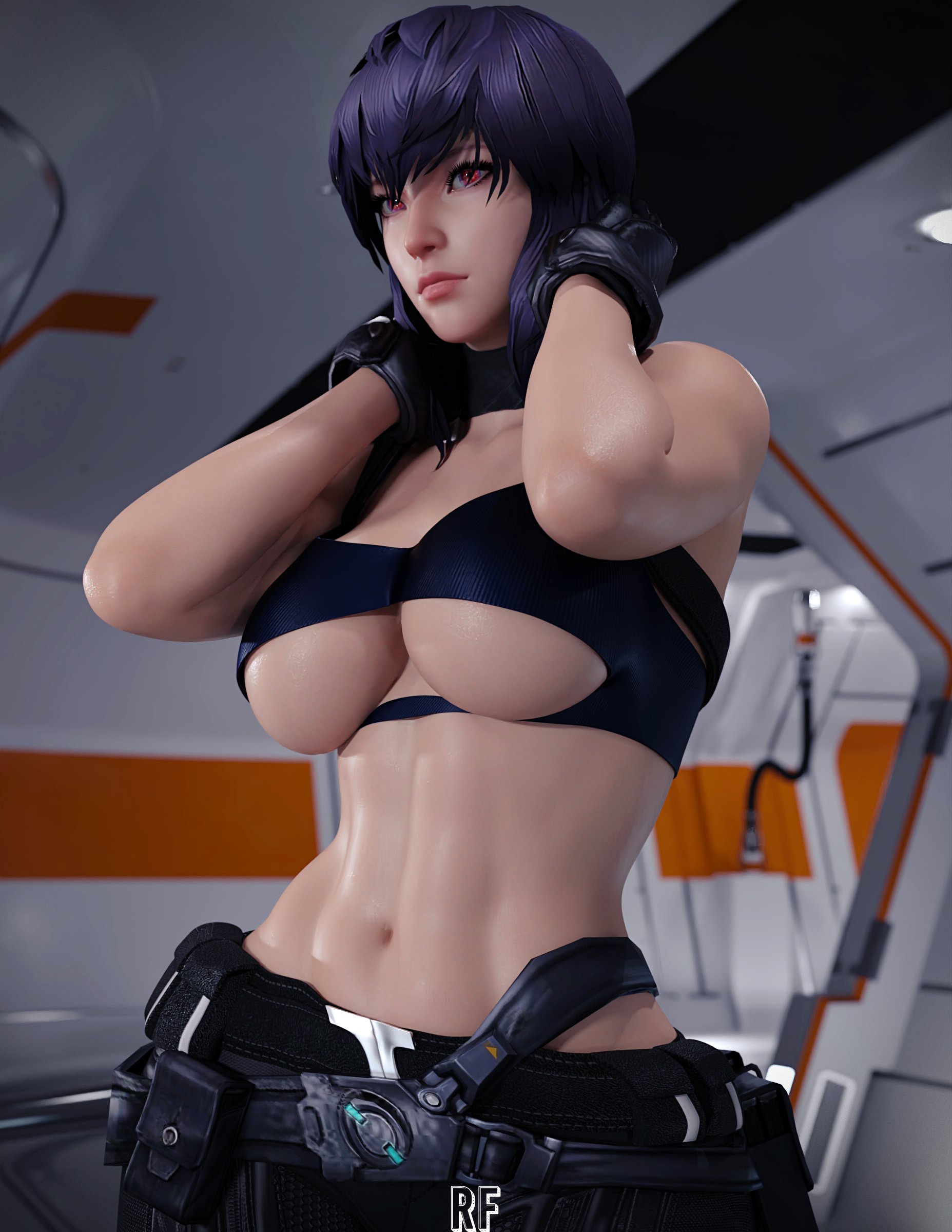 1girls, 3d, abs, athletic, athletic female, big breasts, breasts, female, female only, ghost in the shell, human, kusanagi motoko, large breasts, midriff, navel, purple hair, rude frog, solo, underboob
