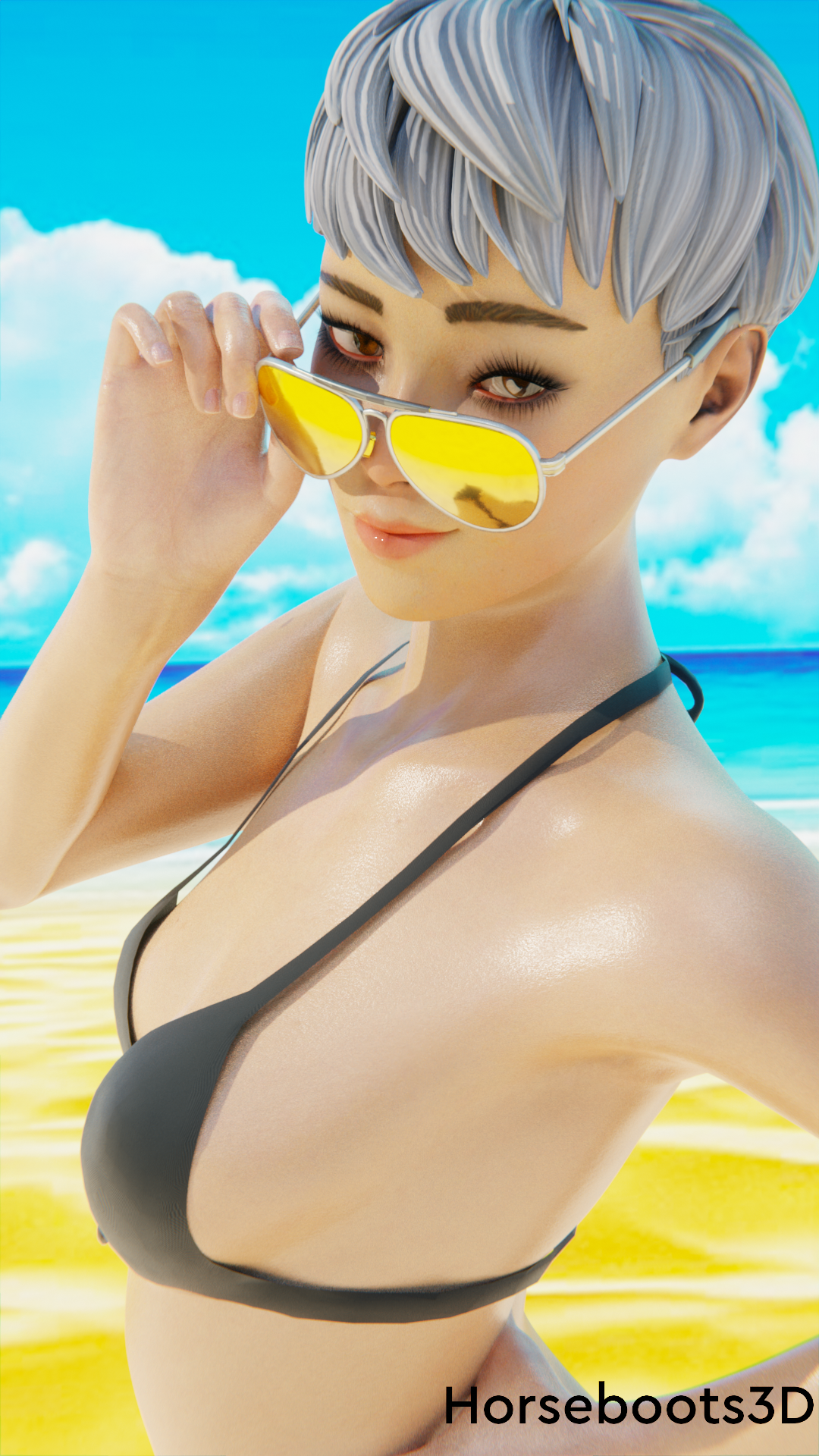 1girls, 3d, adjusting eyewear, adjusting glasses, adjusting sunglasses, apex legends, aviator sunglasses, bangs, beach, bikini, blender (software), female, female focus, female only, grin, horseboots3d, looking at viewer, looking over eyewear, looking over glasses, looking over sunglasses, short hair, smile, solo female, summer, sunglasses, swimsuit, tinted eyewear, valkyrie, valkyrie (apex legends), white hair, yellow-tinted eyewear